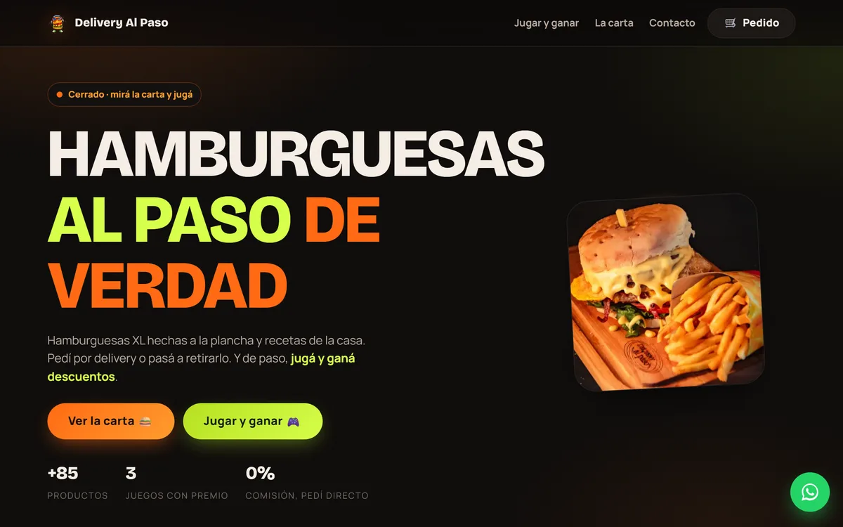 Captura del sitio que hicimos para Hamburguesería con pedidos online propios